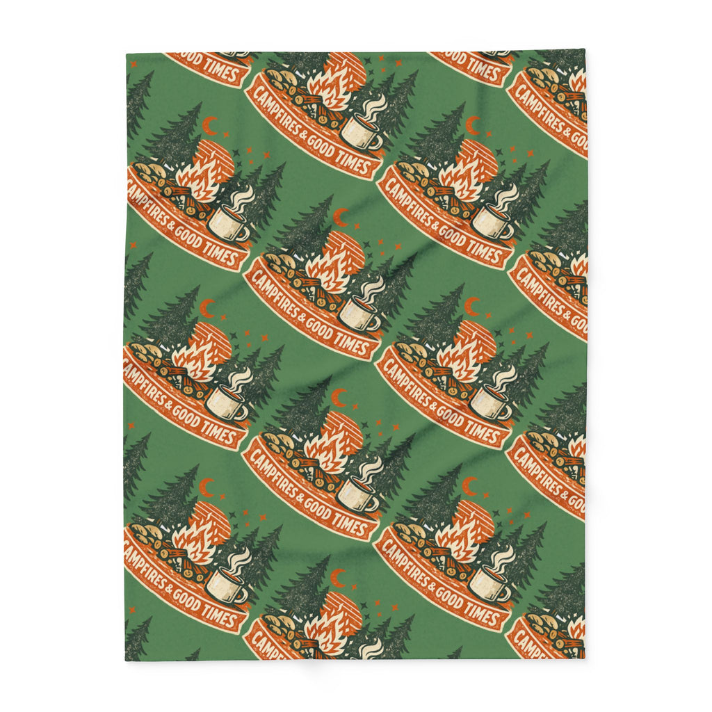 Campfire Cozy Fleece Blanket – 'Campfires & Good Times' Retro Outdoor Throw