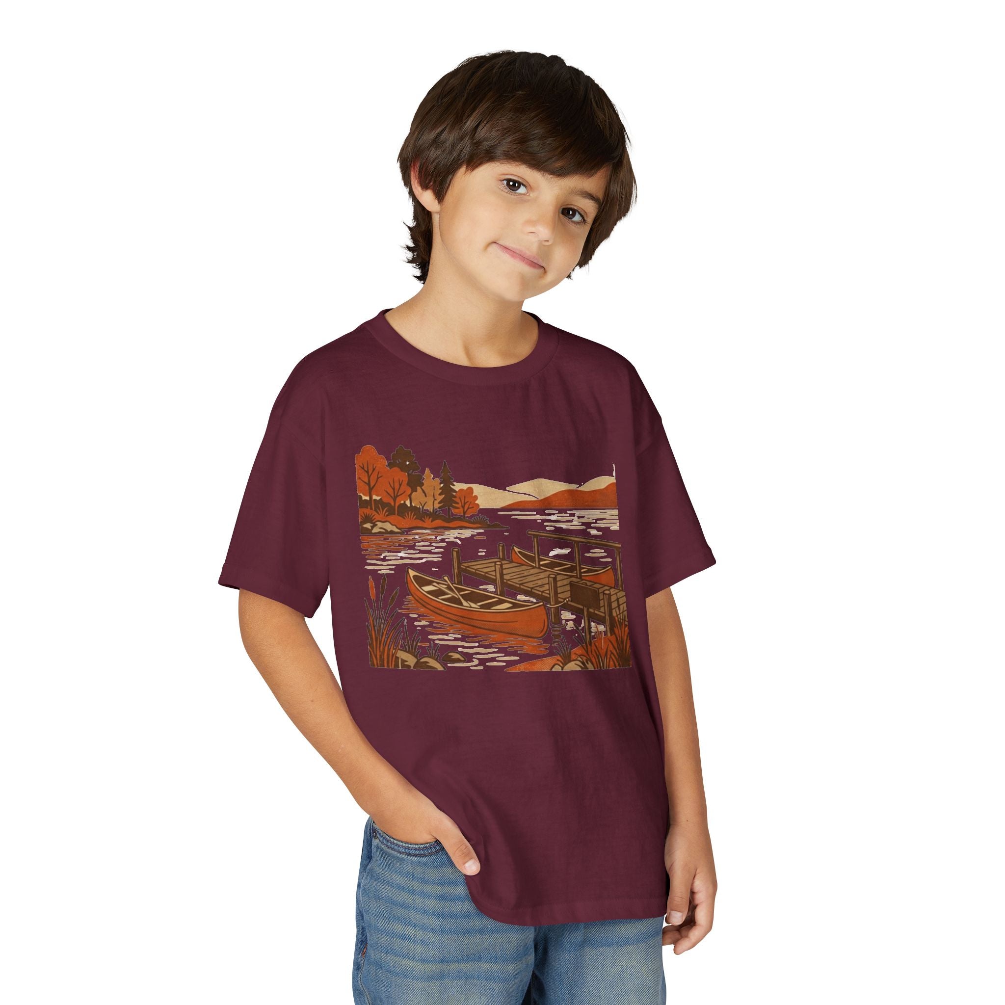 Youth T-Shirt — Autumn Lakeside Dock & Canoe Kids Tee