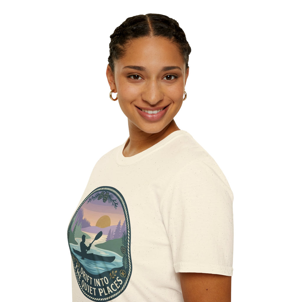 Kayak Sunset T‑Shirt — "Drift Into The Quiet Places" Outdoor Relaxation Tee