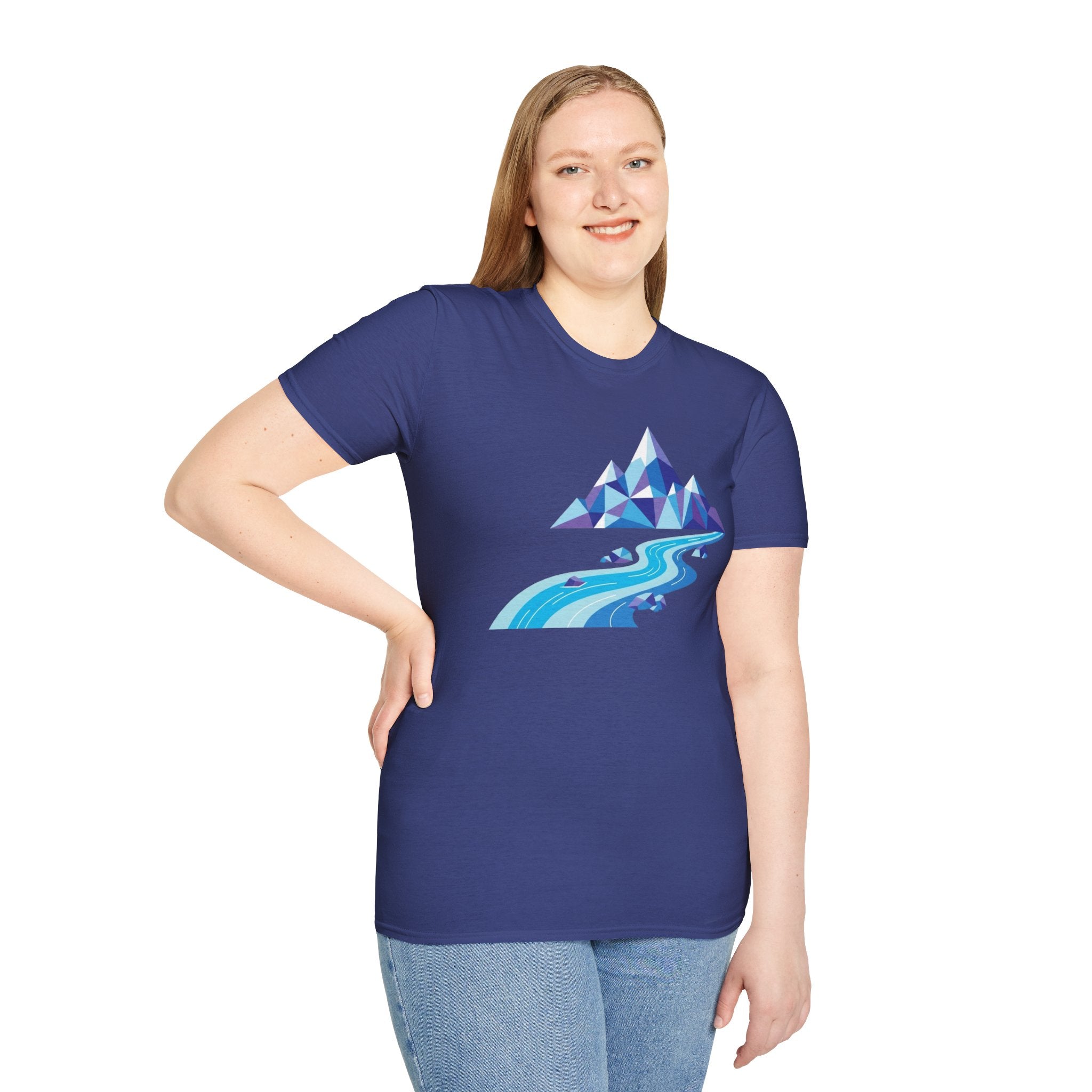 Mountain River T-Shirt — Geometric Blue Peaks & Flowing River