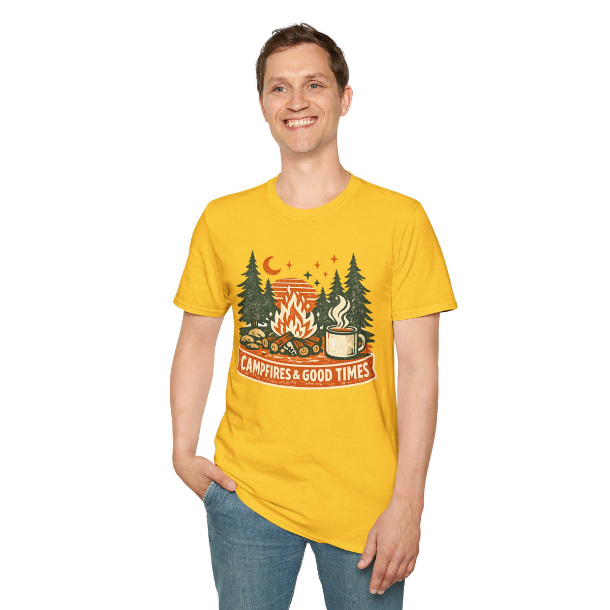 "Campfires & Good Times" T-Shirt — Retro Camping Tee with Bonfire, Trees & Coffee Mug
