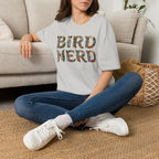 "Bird Nerd" Feather Pattern Typography Tee Shirt for Birdwatchers