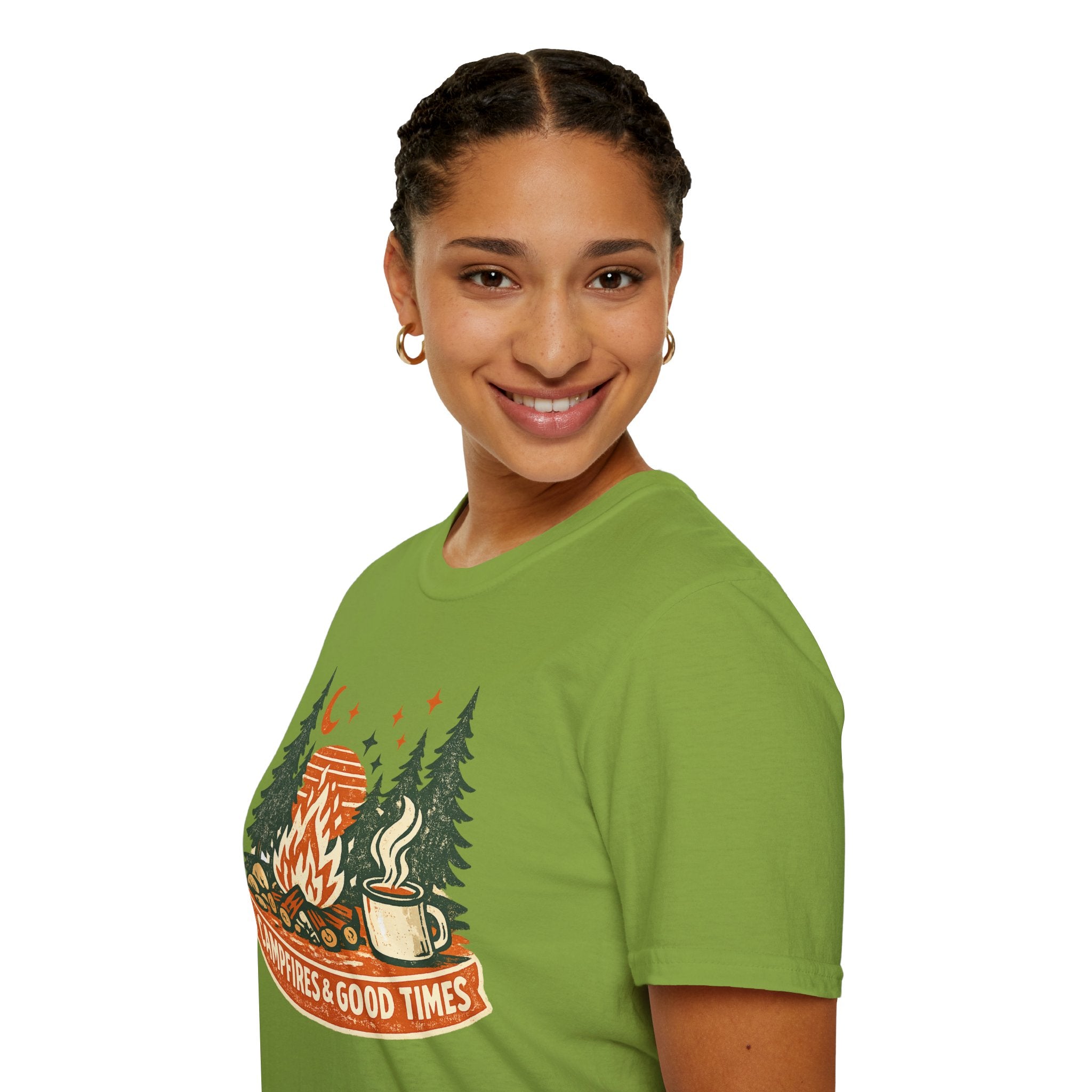 "Campfires & Good Times" T-Shirt — Retro Camping Tee with Bonfire, Trees & Coffee Mug