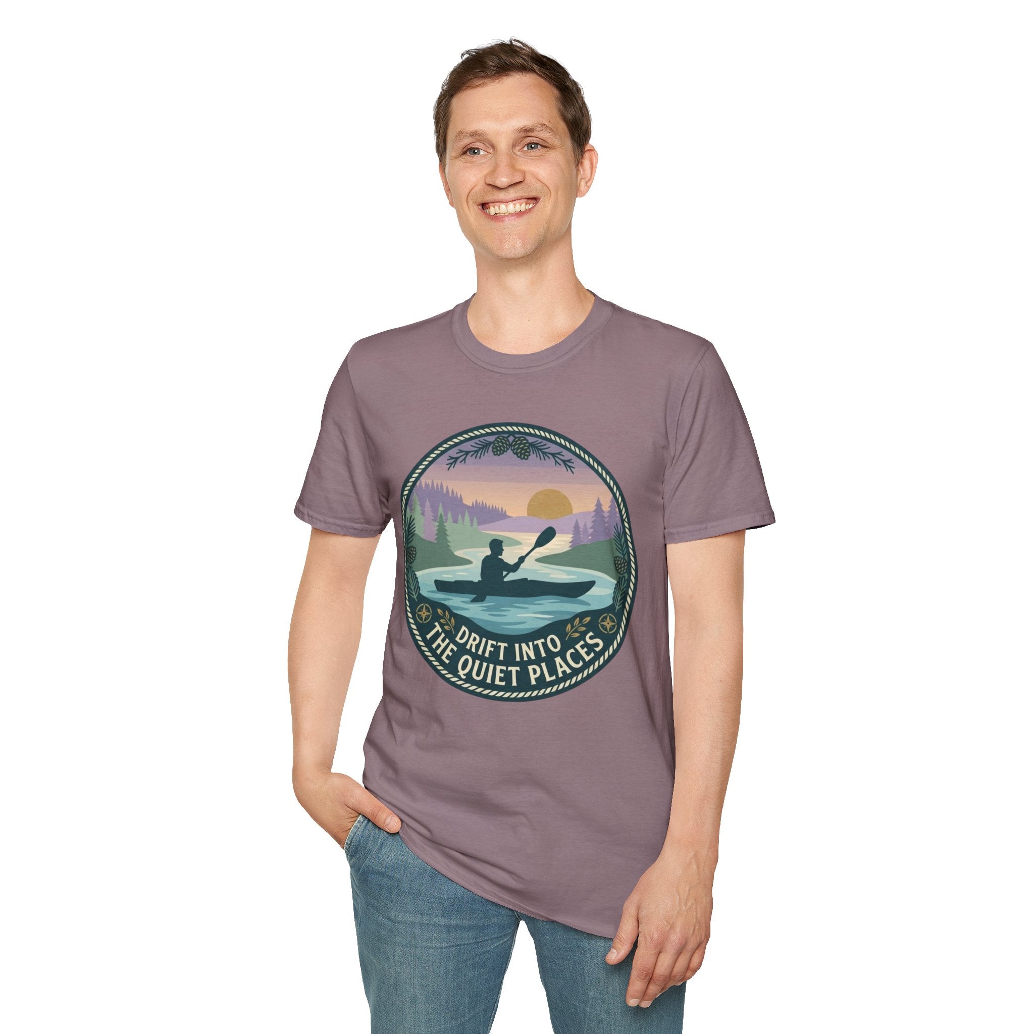 Kayak Sunset T‑Shirt — "Drift Into The Quiet Places" Outdoor Relaxation Tee