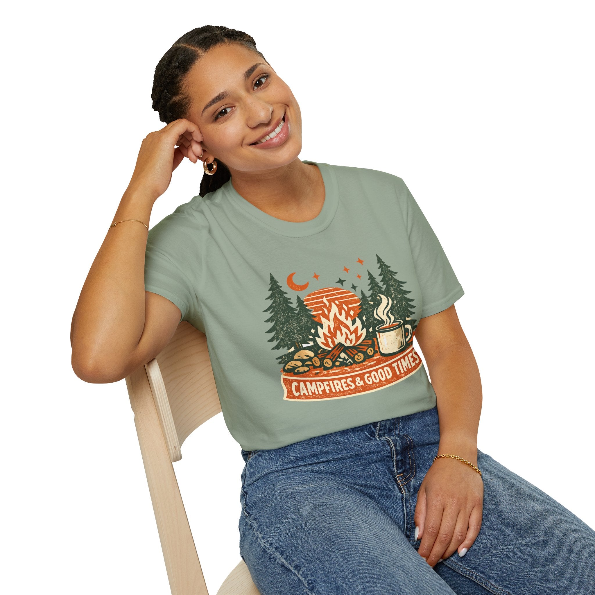 "Campfires & Good Times" T-Shirt — Retro Camping Tee with Bonfire, Trees & Coffee Mug