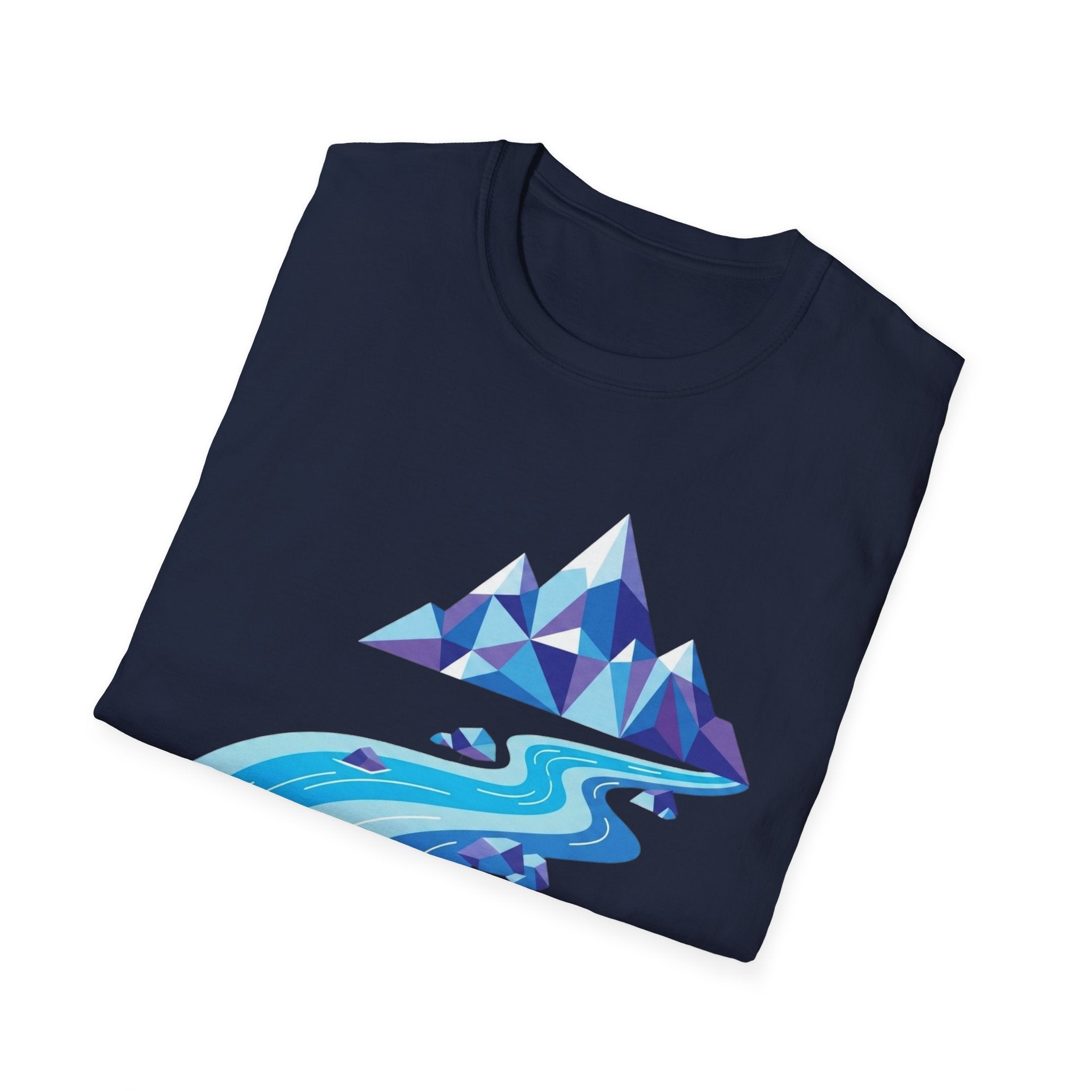 Mountain River T-Shirt — Geometric Blue Peaks & Flowing River