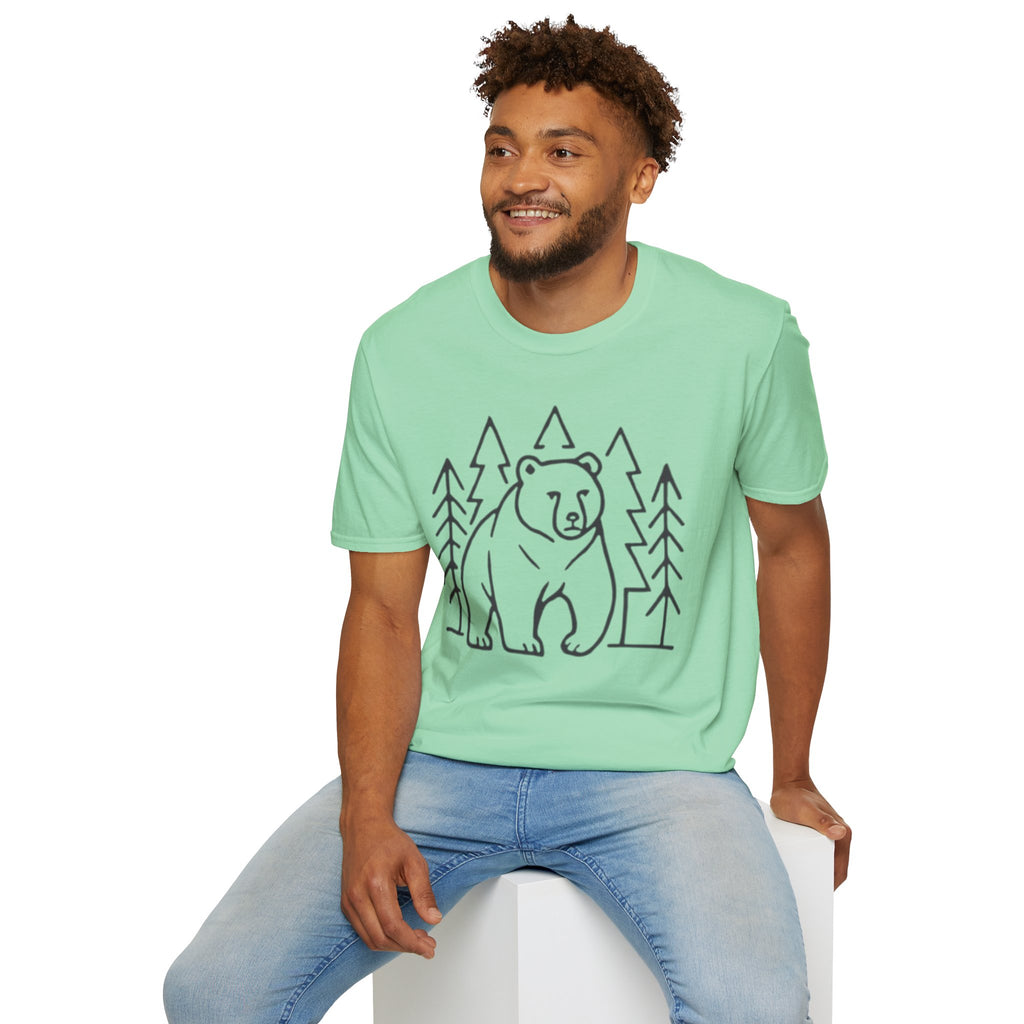 Bear & Pines T-Shirt — Minimal Line Drawing Woodland Tee