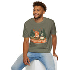 "Campfires & Good Times" T-Shirt — Retro Camping Tee with Bonfire, Trees & Coffee Mug
