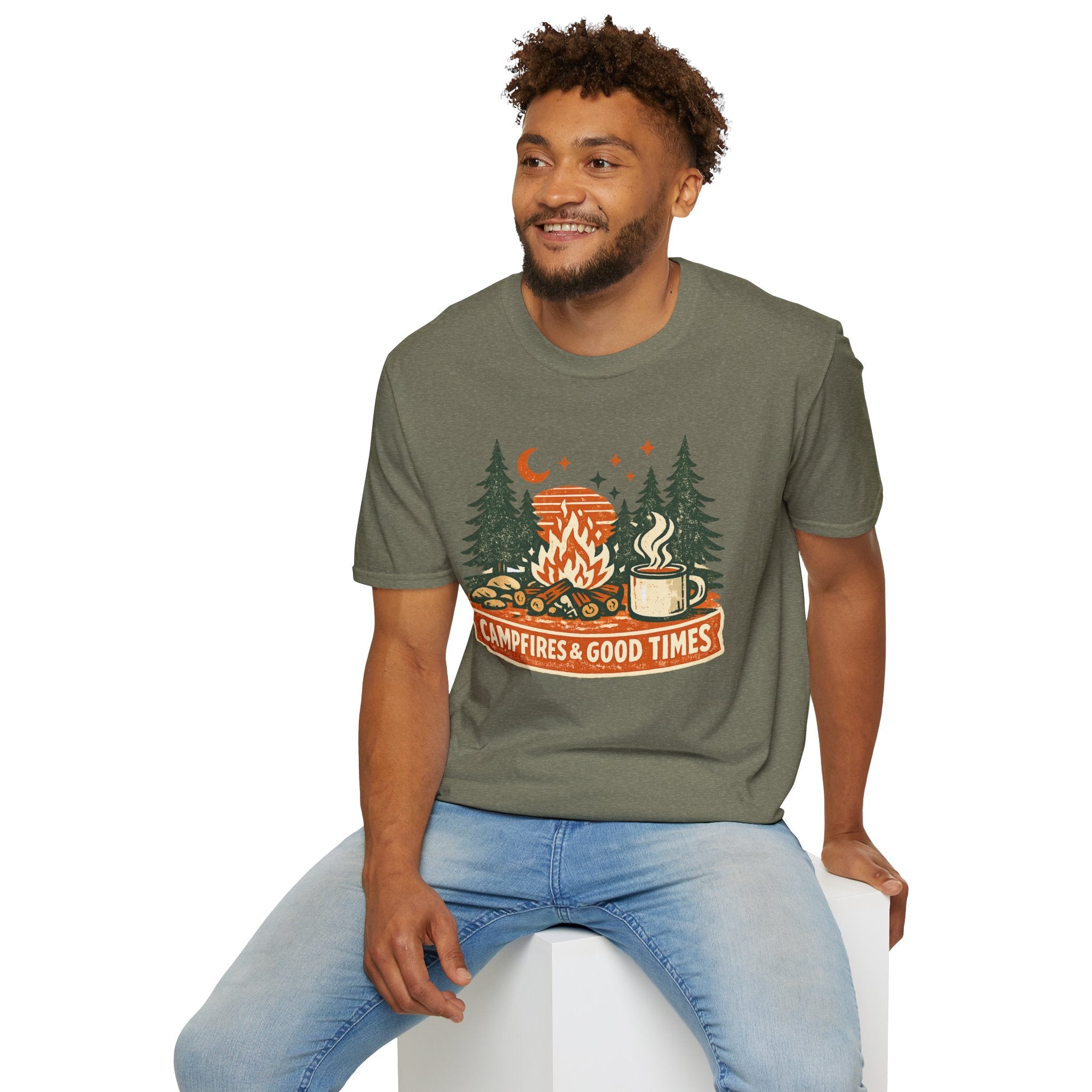 "Campfires & Good Times" T-Shirt — Retro Camping Tee with Bonfire, Trees & Coffee Mug