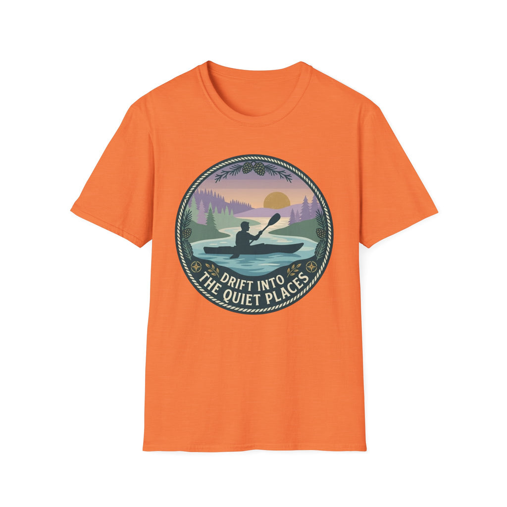 Kayak Sunset T‑Shirt — "Drift Into The Quiet Places" Outdoor Relaxation Tee