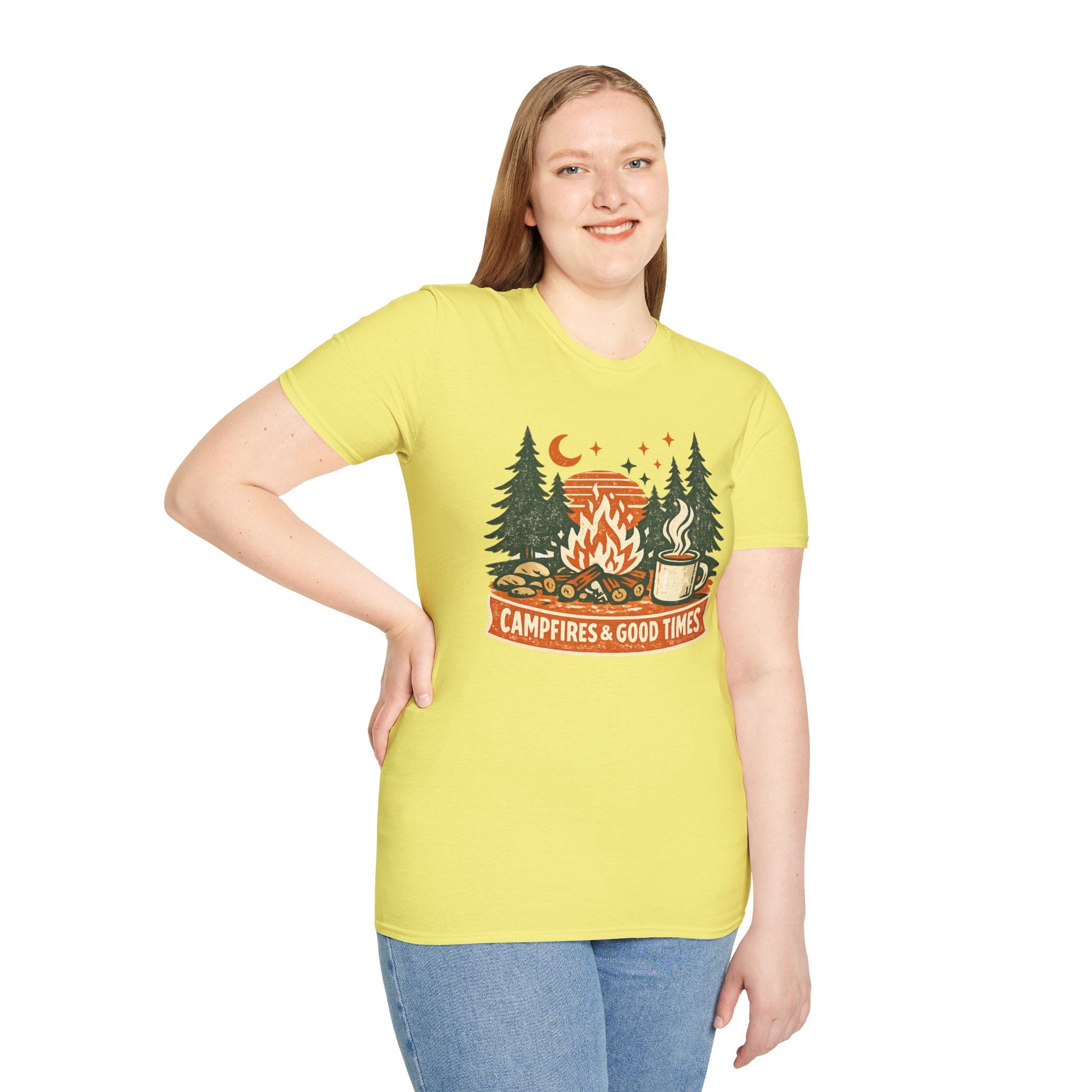 "Campfires & Good Times" T-Shirt — Retro Camping Tee with Bonfire, Trees & Coffee Mug
