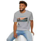 Outdoor T-Shirt — "Seeking Simple Treasures" Sunset Hiker Graphic