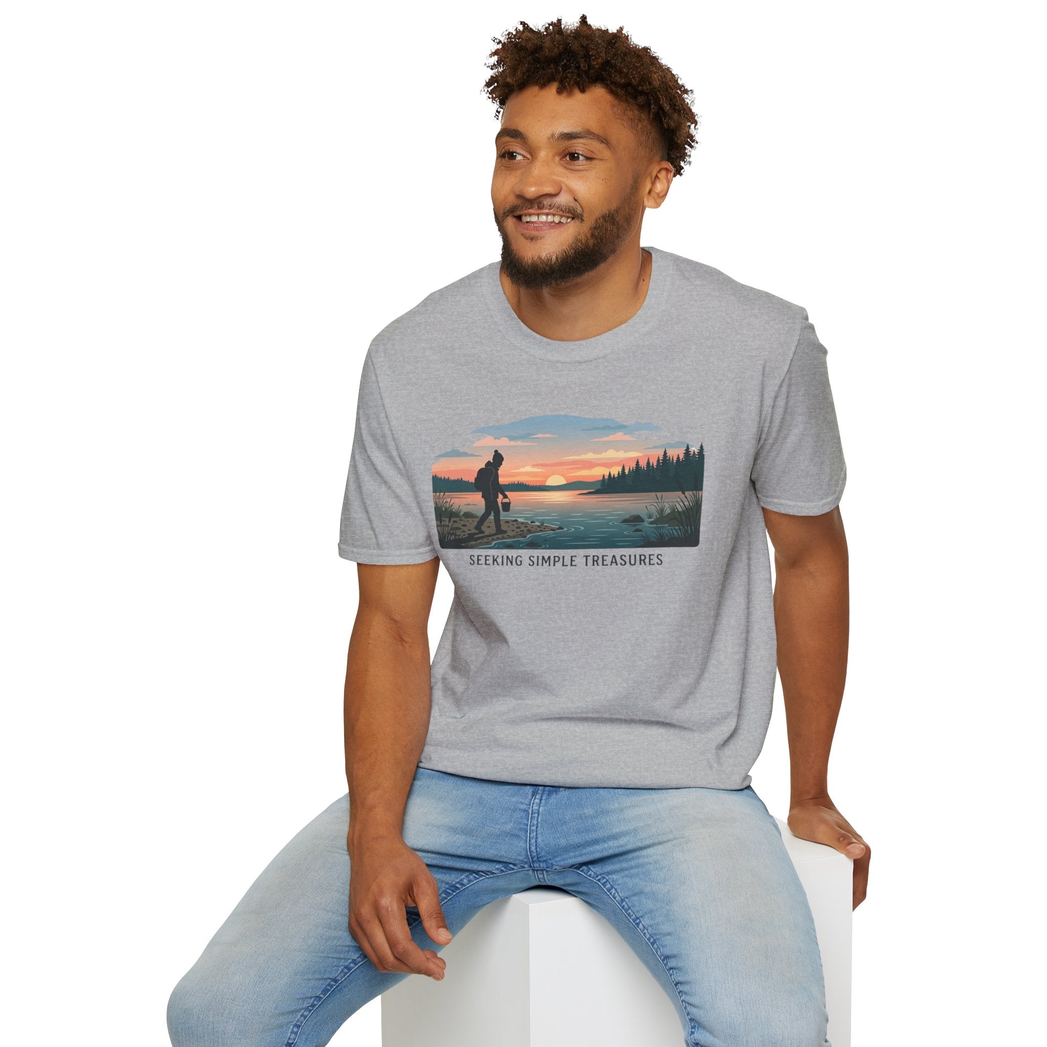 Outdoor T-Shirt — "Seeking Simple Treasures" Sunset Hiker Graphic