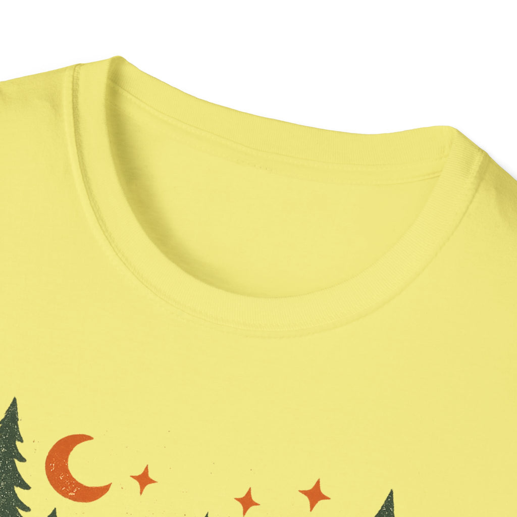 "Campfires & Good Times" T-Shirt — Retro Camping Tee with Bonfire, Trees & Coffee Mug