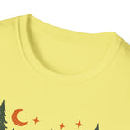 "Campfires & Good Times" T-Shirt — Retro Camping Tee with Bonfire, Trees & Coffee Mug