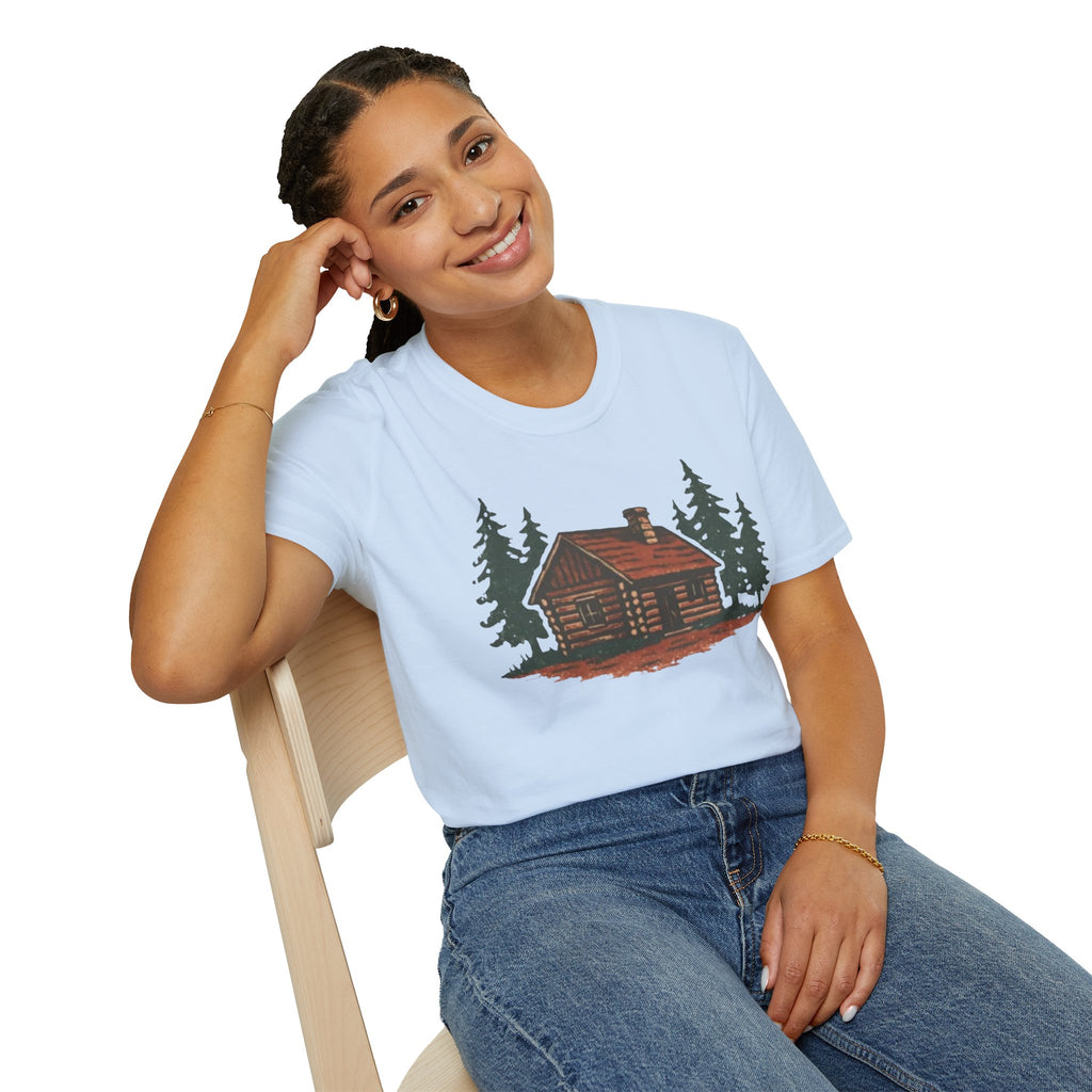 Vintage Cozy Cabin T-Shirt — Faded Pine Tree Cabin Tee