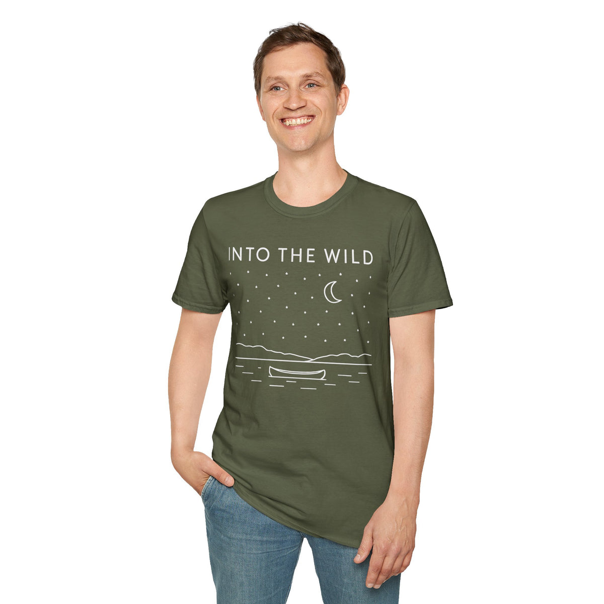 Into The Wild Canoe T-Shirt - Minimal Night Sky Lake Camping Tee