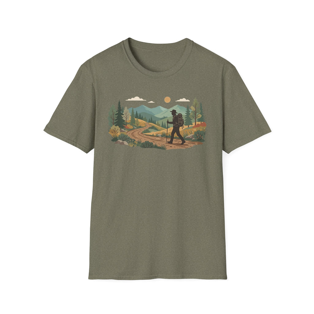 Hiker Mountain Sunset T-Shirt — Scenic Trail Adventure Tee
