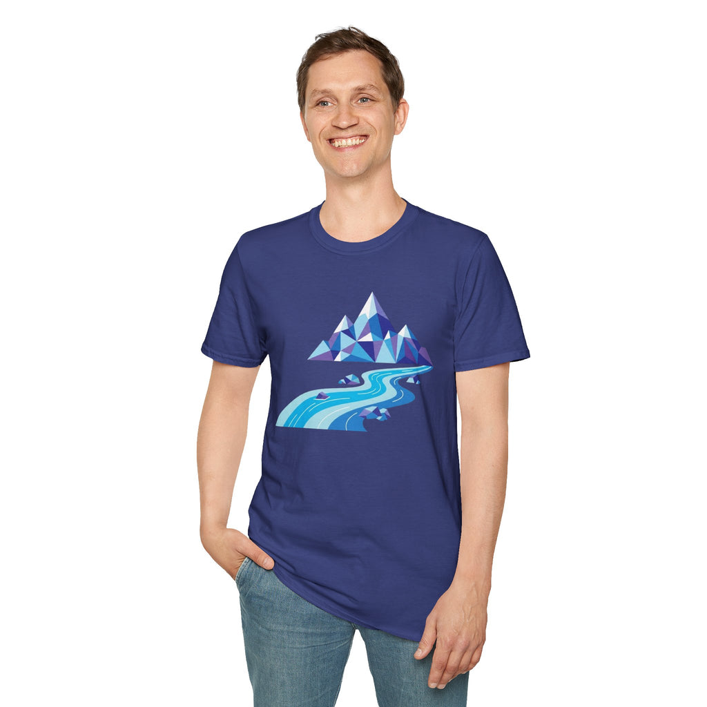Mountain River T-Shirt — Geometric Blue Peaks & Flowing River