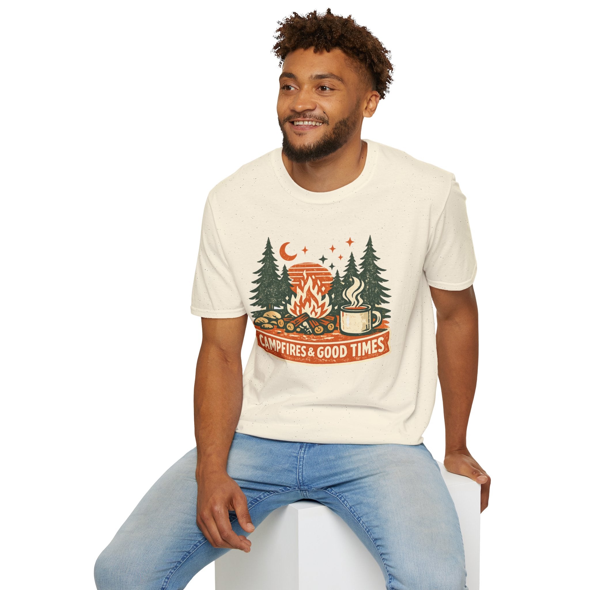"Campfires & Good Times" T-Shirt — Retro Camping Tee with Bonfire, Trees & Coffee Mug
