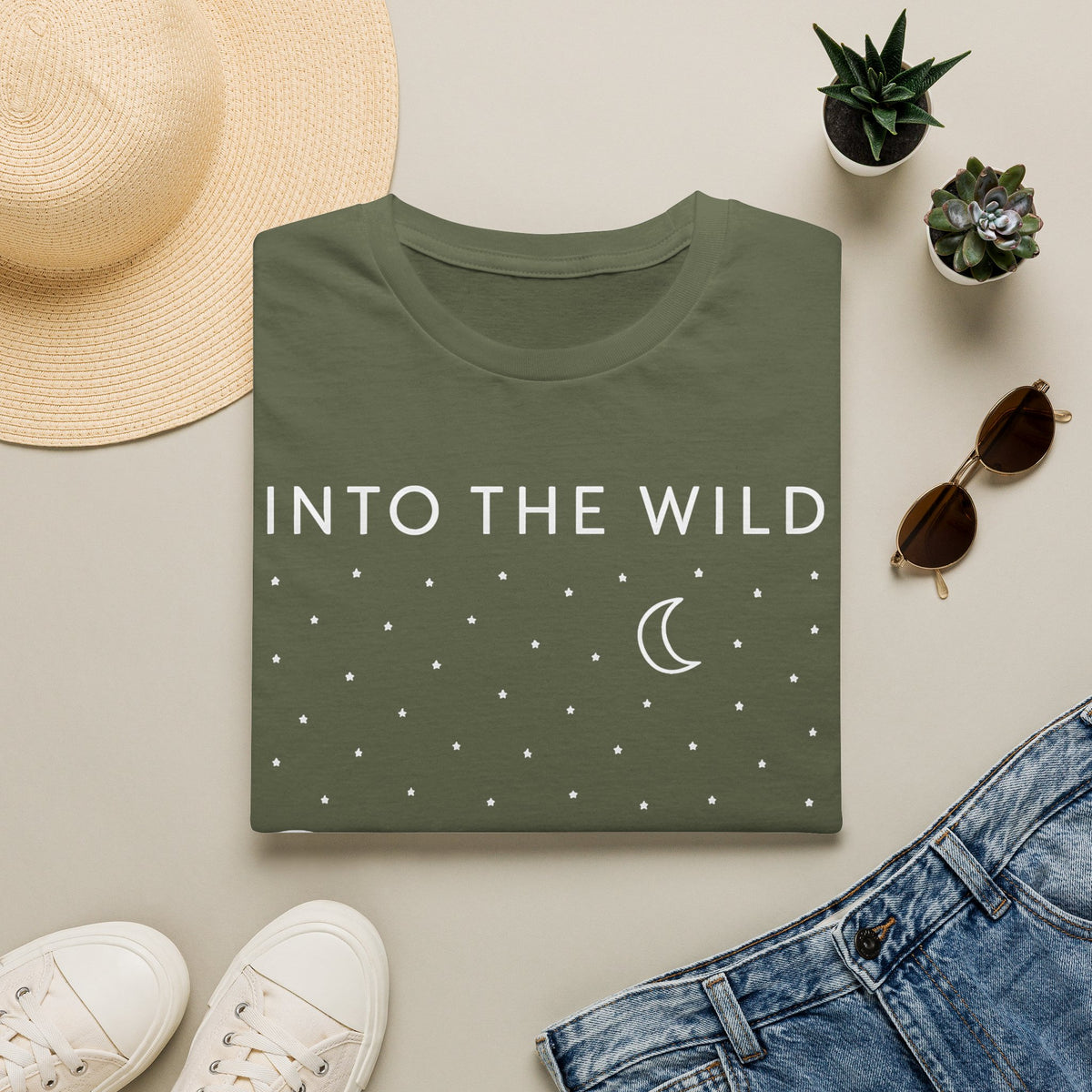 Into The Wild Canoe T-Shirt - Minimal Night Sky Lake Camping Tee