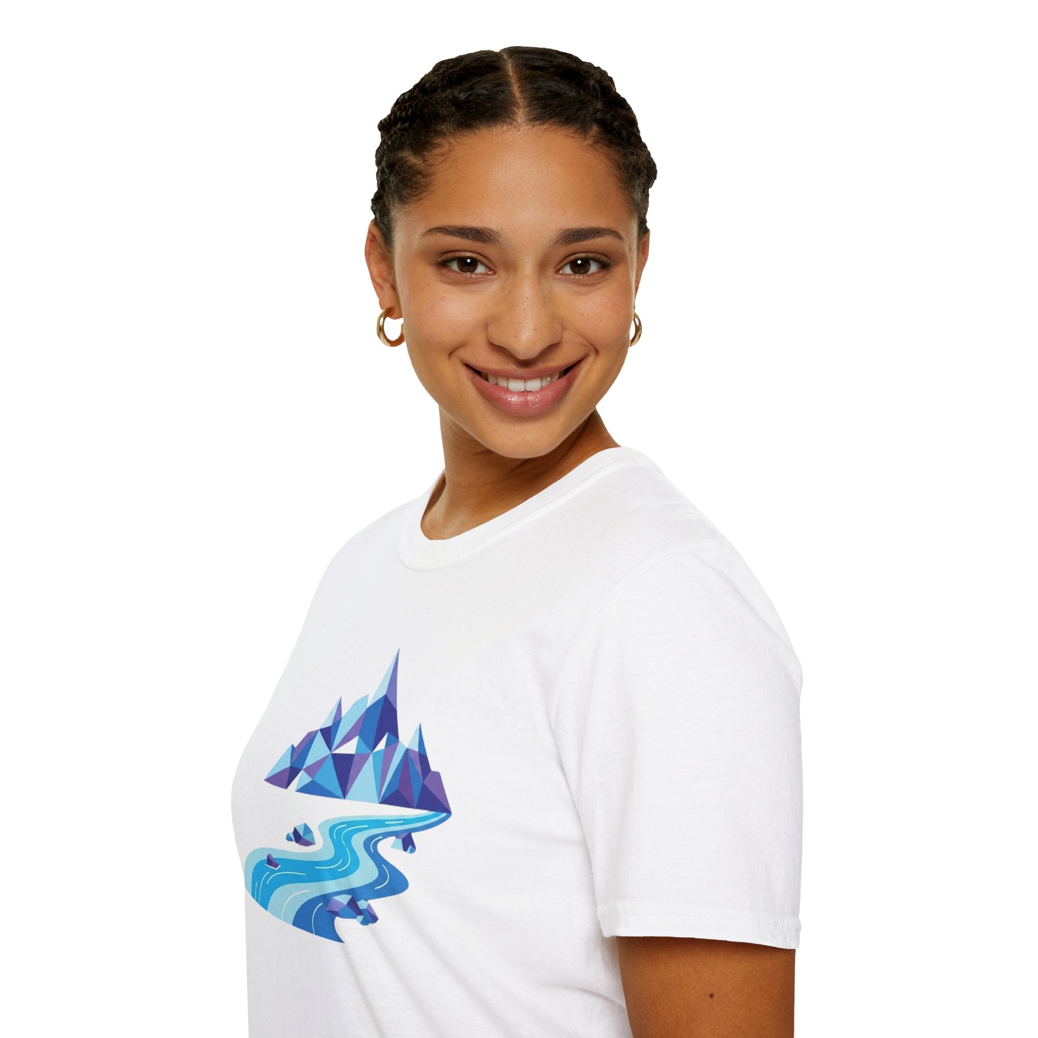 Mountain River T-Shirt — Geometric Blue Peaks & Flowing River