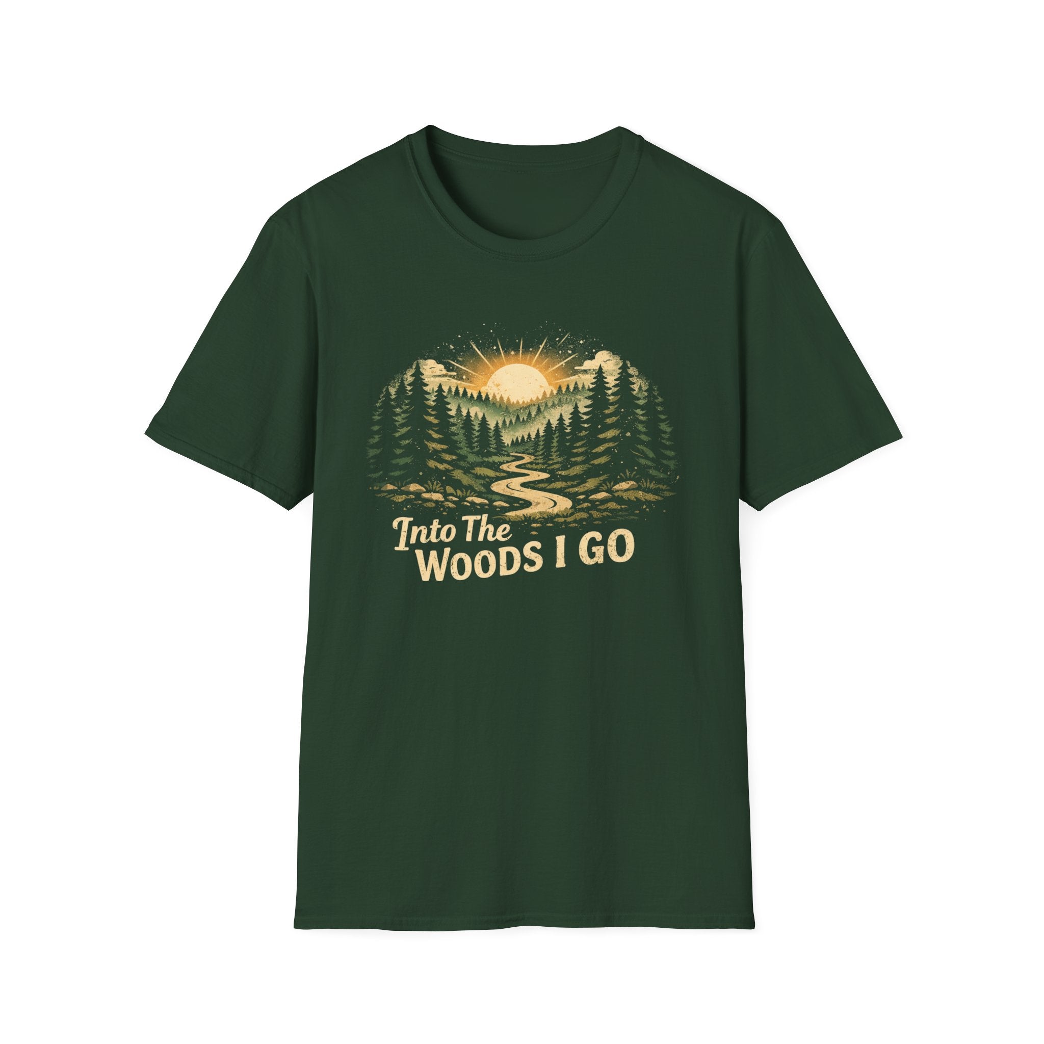 T-Shirt — "Into The Woods I Go" Vintage Forest Sunset Tee