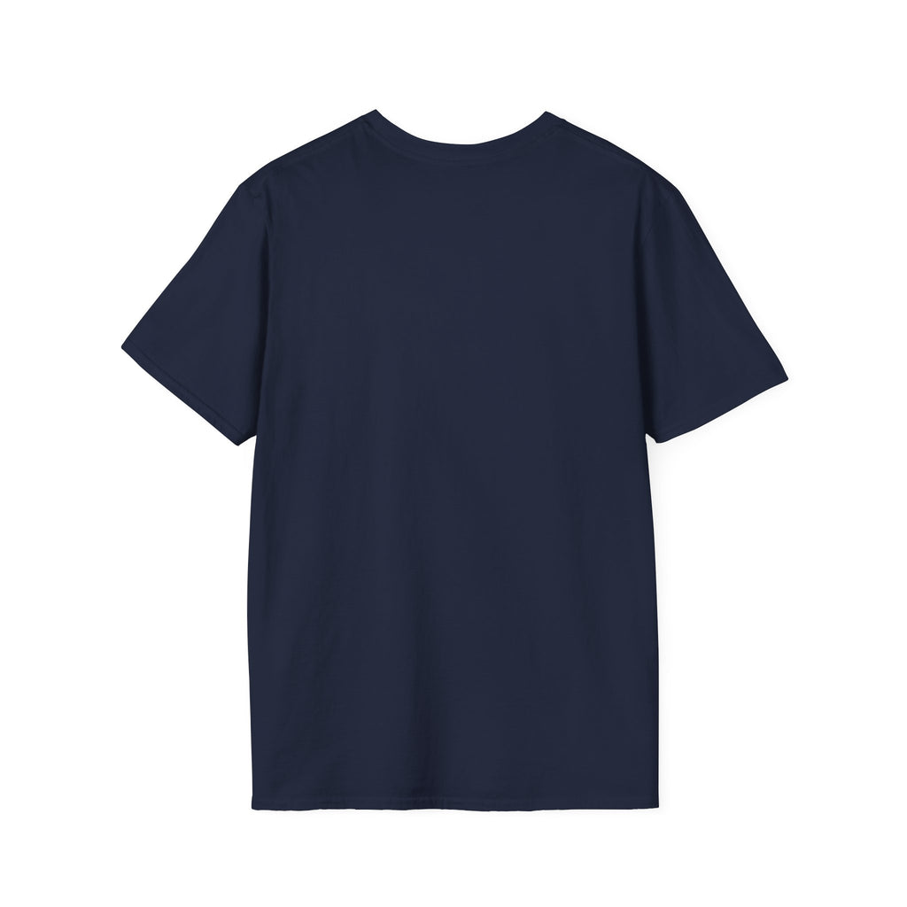 Mountain River T-Shirt — Geometric Blue Peaks & Flowing River
