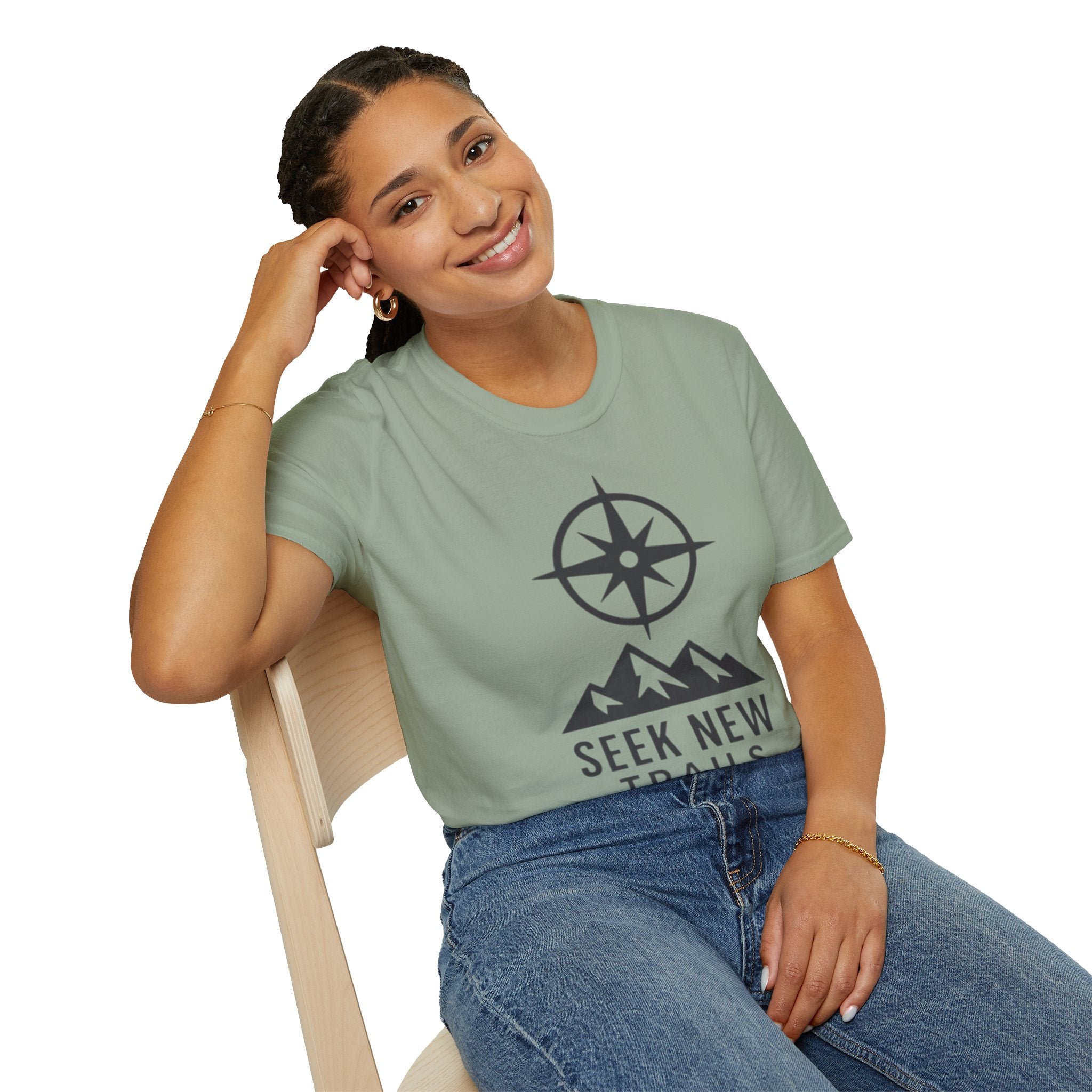 "Seek New Trails" Compass Over Mountains T-Shirt