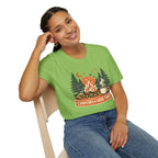 "Campfires & Good Times" T-Shirt — Retro Camping Tee with Bonfire, Trees & Coffee Mug