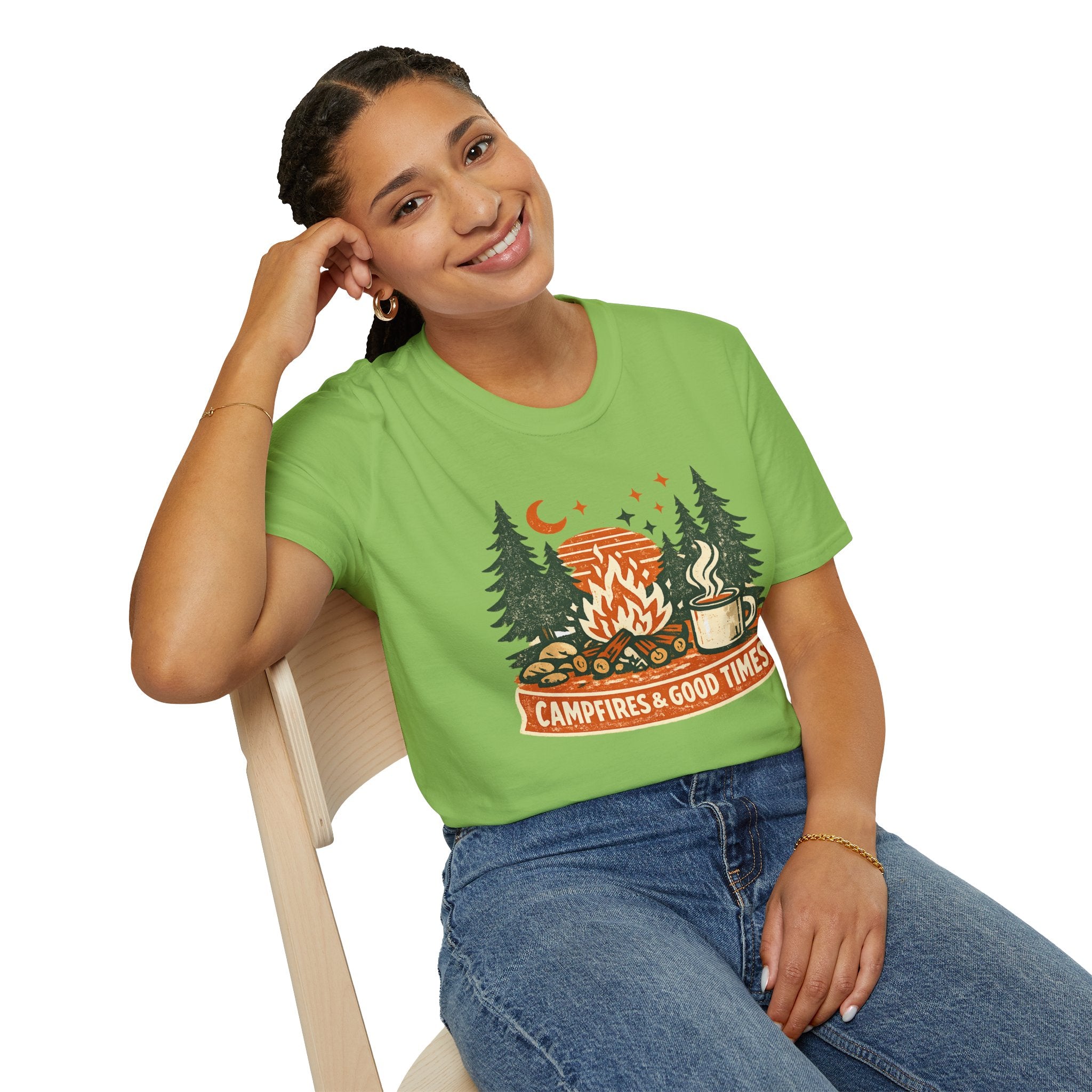 "Campfires & Good Times" T-Shirt — Retro Camping Tee with Bonfire, Trees & Coffee Mug