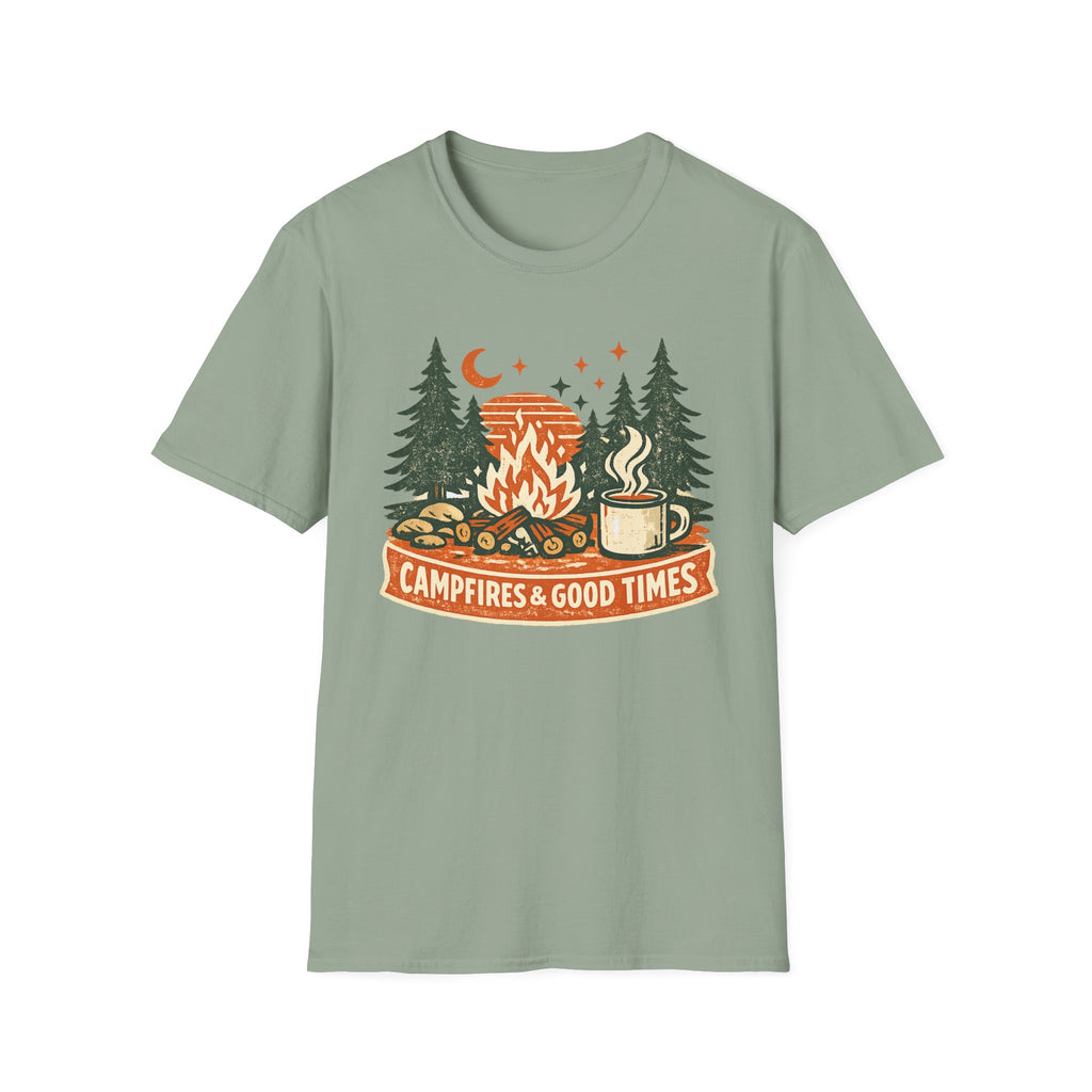 "Campfires & Good Times" T-Shirt — Retro Camping Tee with Bonfire, Trees & Coffee Mug