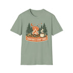 "Campfires & Good Times" T-Shirt — Retro Camping Tee with Bonfire, Trees & Coffee Mug