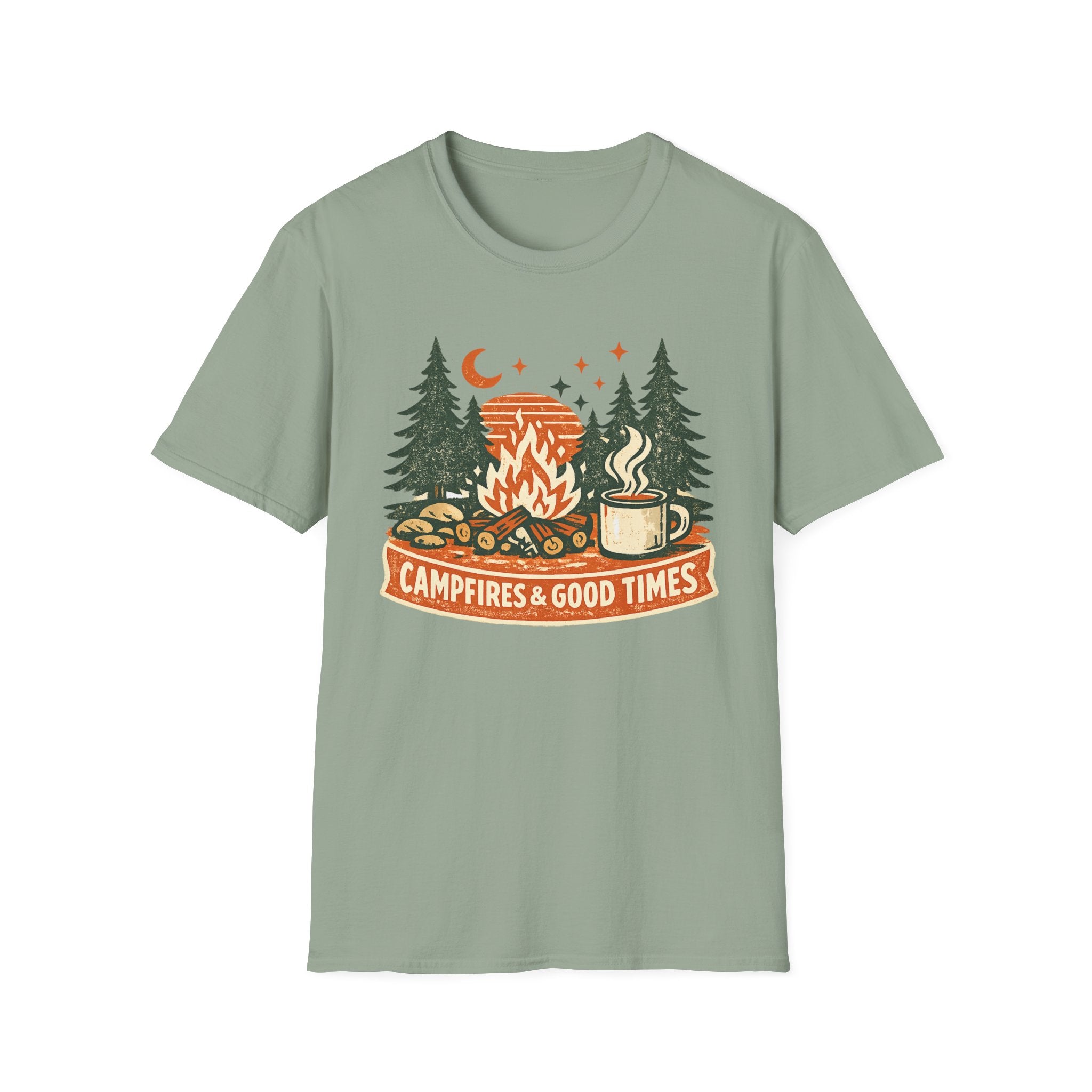 "Campfires & Good Times" T-Shirt — Retro Camping Tee with Bonfire, Trees & Coffee Mug