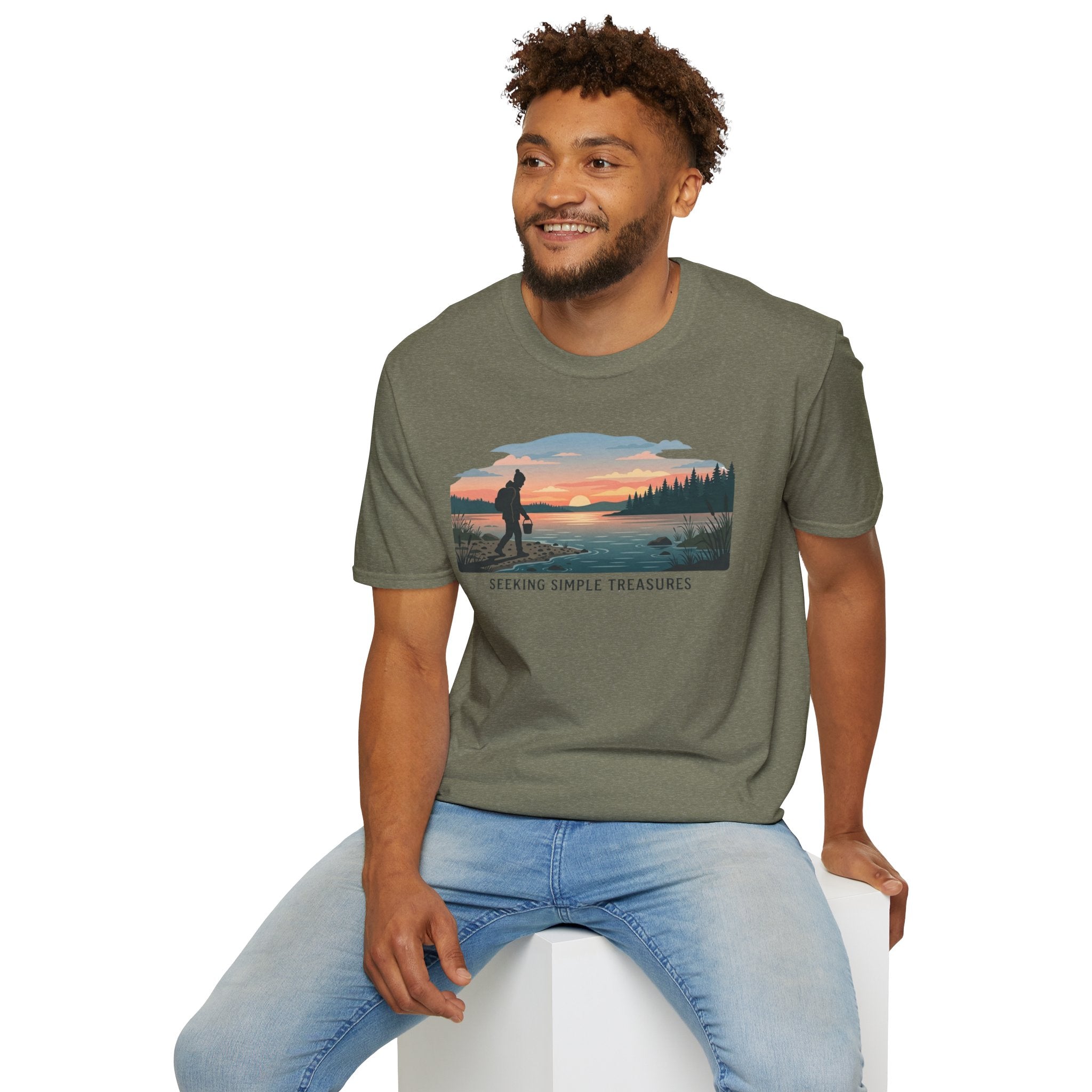 Outdoor T-Shirt — "Seeking Simple Treasures" Sunset Hiker Graphic