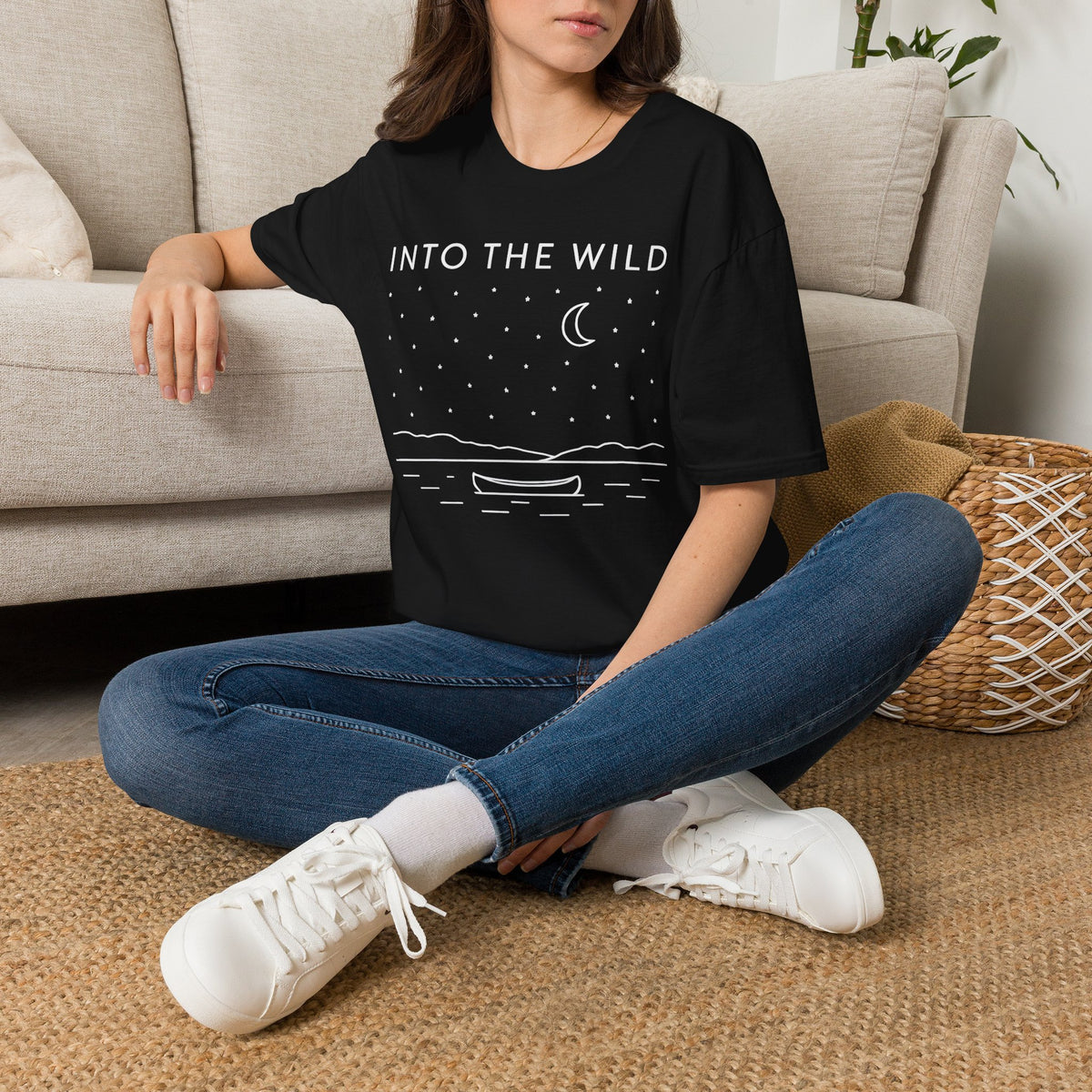 Into The Wild Canoe T-Shirt - Minimal Night Sky Lake Camping Tee