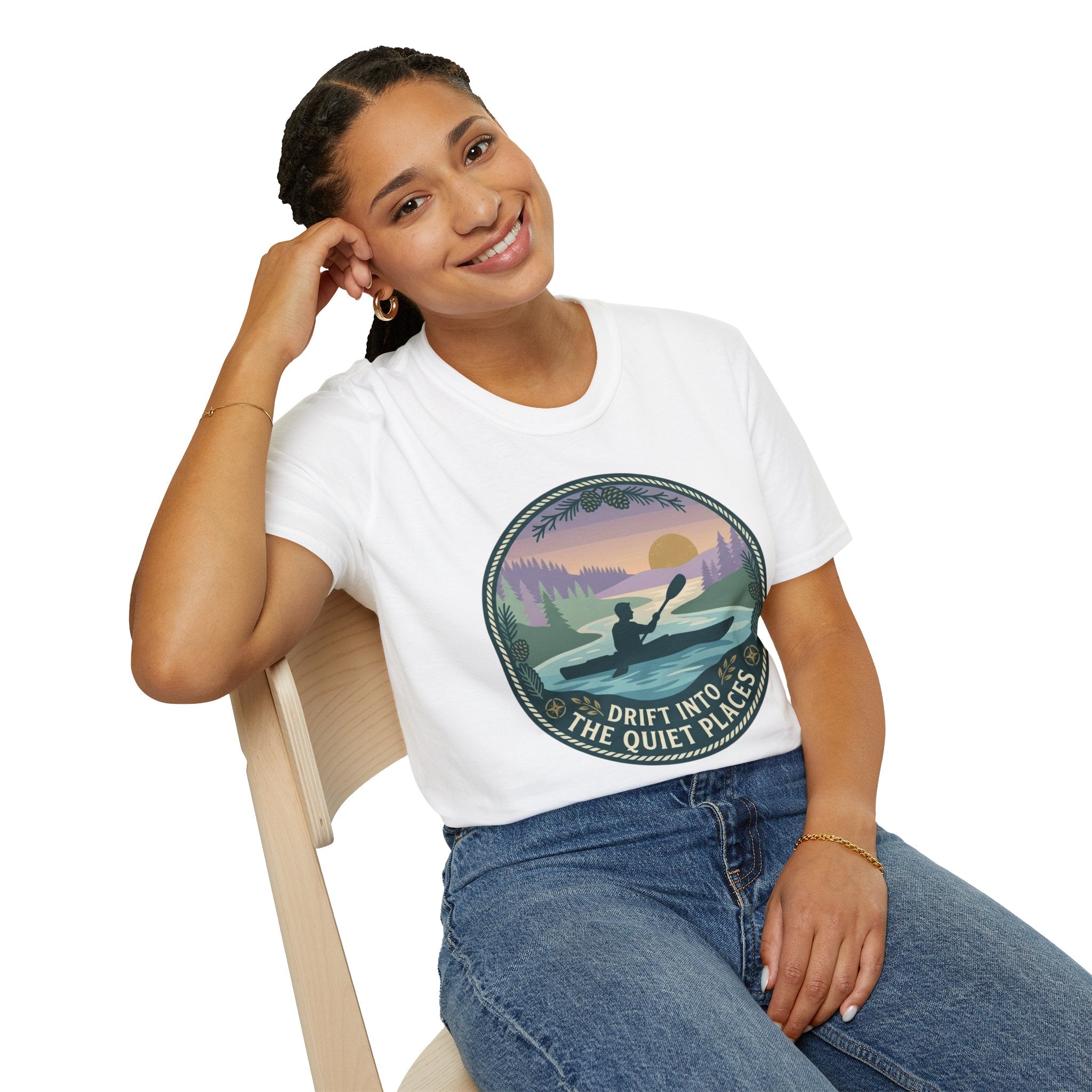 Kayak Sunset T‑Shirt — "Drift Into The Quiet Places" Outdoor Relaxation Tee