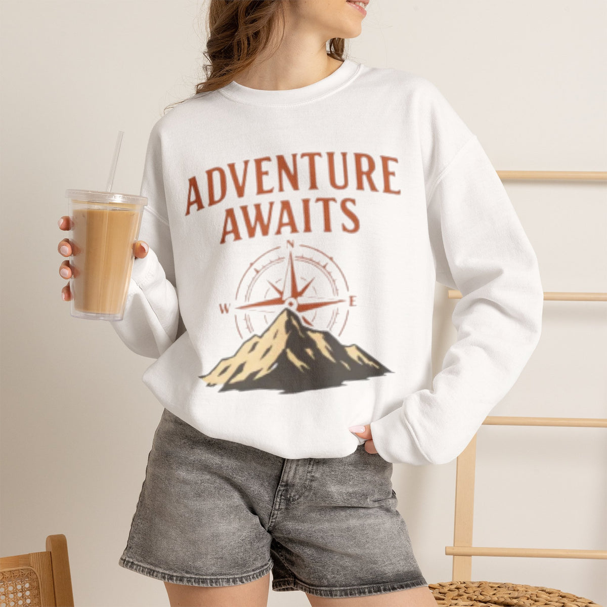"Adventure Awaits" Mountain Compass Graphic Crewneck Sweatshirt