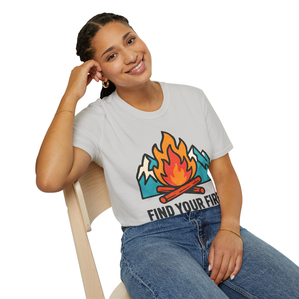 "Find Your Fire" Campfire & Snow-Capped Mountains T-Shirt