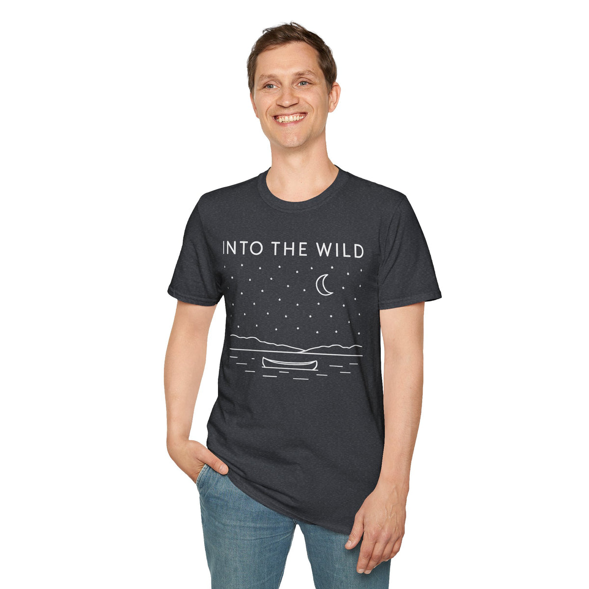Into The Wild Canoe T-Shirt - Minimal Night Sky Lake Camping Tee