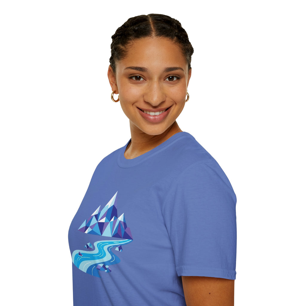 Mountain River T-Shirt — Geometric Blue Peaks & Flowing River