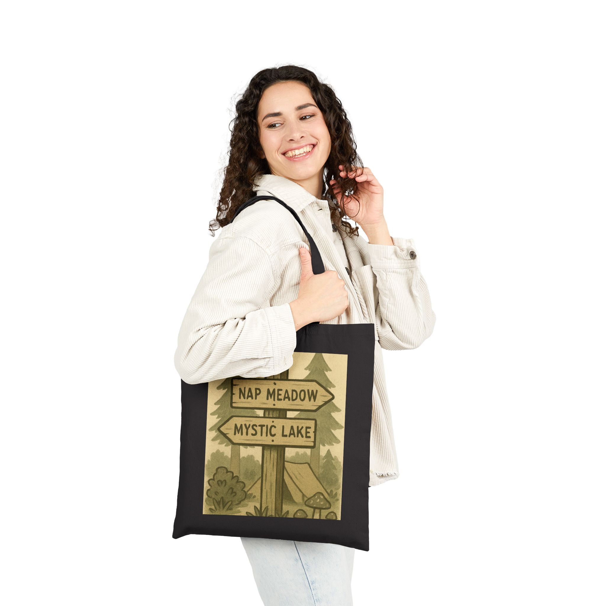 Tote Bag — Rustic ‘Nap Meadow / Mystic Lake’ Camping Sign Canvas Tote