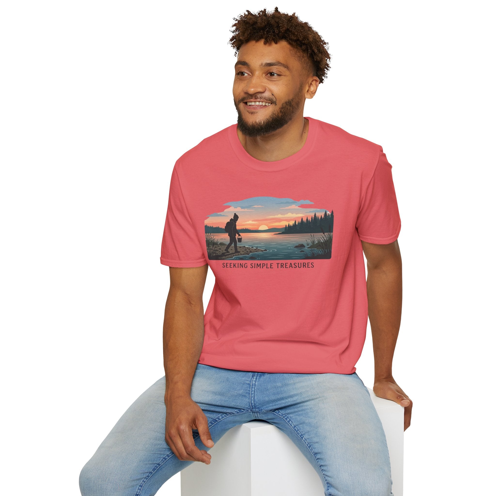 Outdoor T-Shirt — "Seeking Simple Treasures" Sunset Hiker Graphic