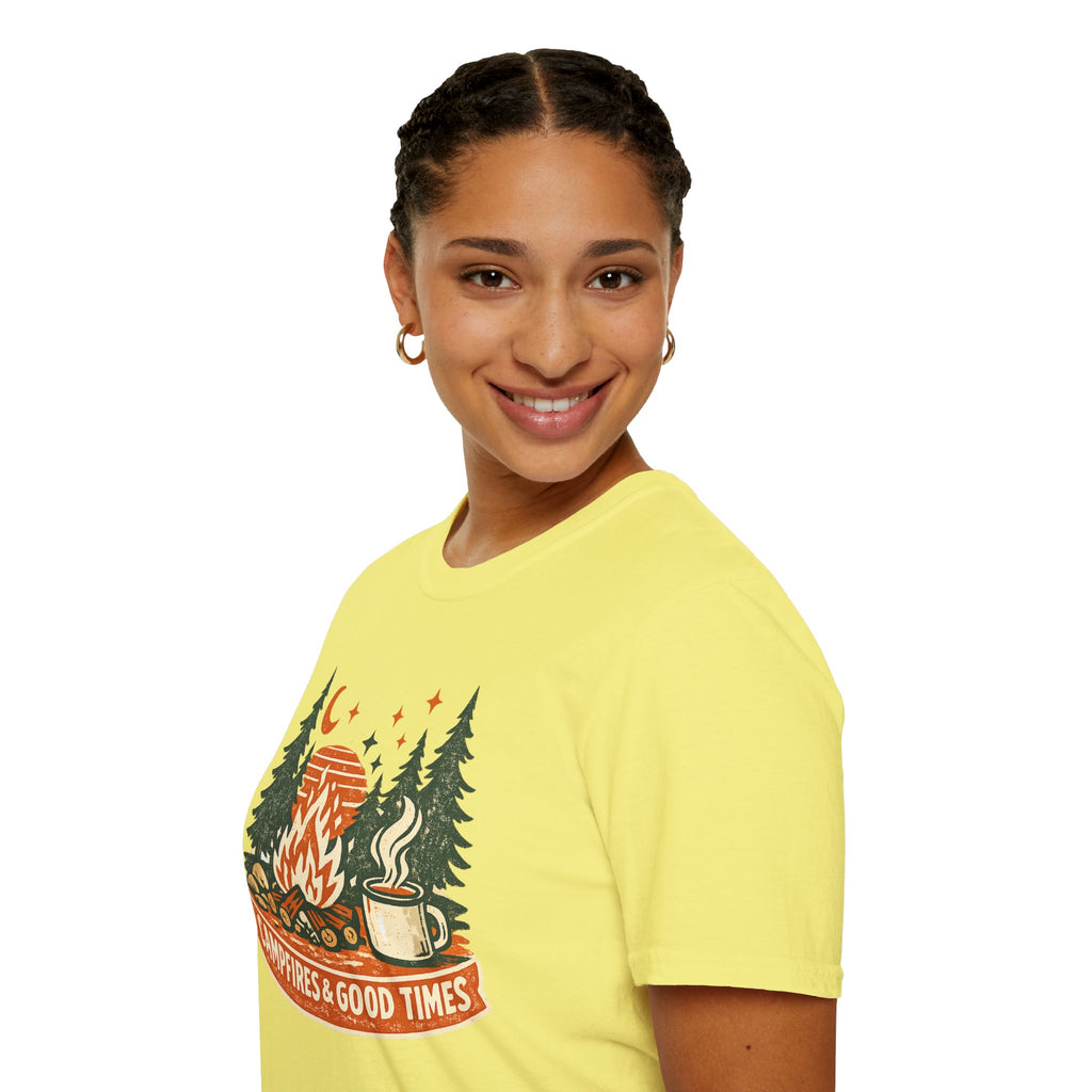 "Campfires & Good Times" T-Shirt — Retro Camping Tee with Bonfire, Trees & Coffee Mug