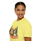 "Campfires & Good Times" T-Shirt — Retro Camping Tee with Bonfire, Trees & Coffee Mug