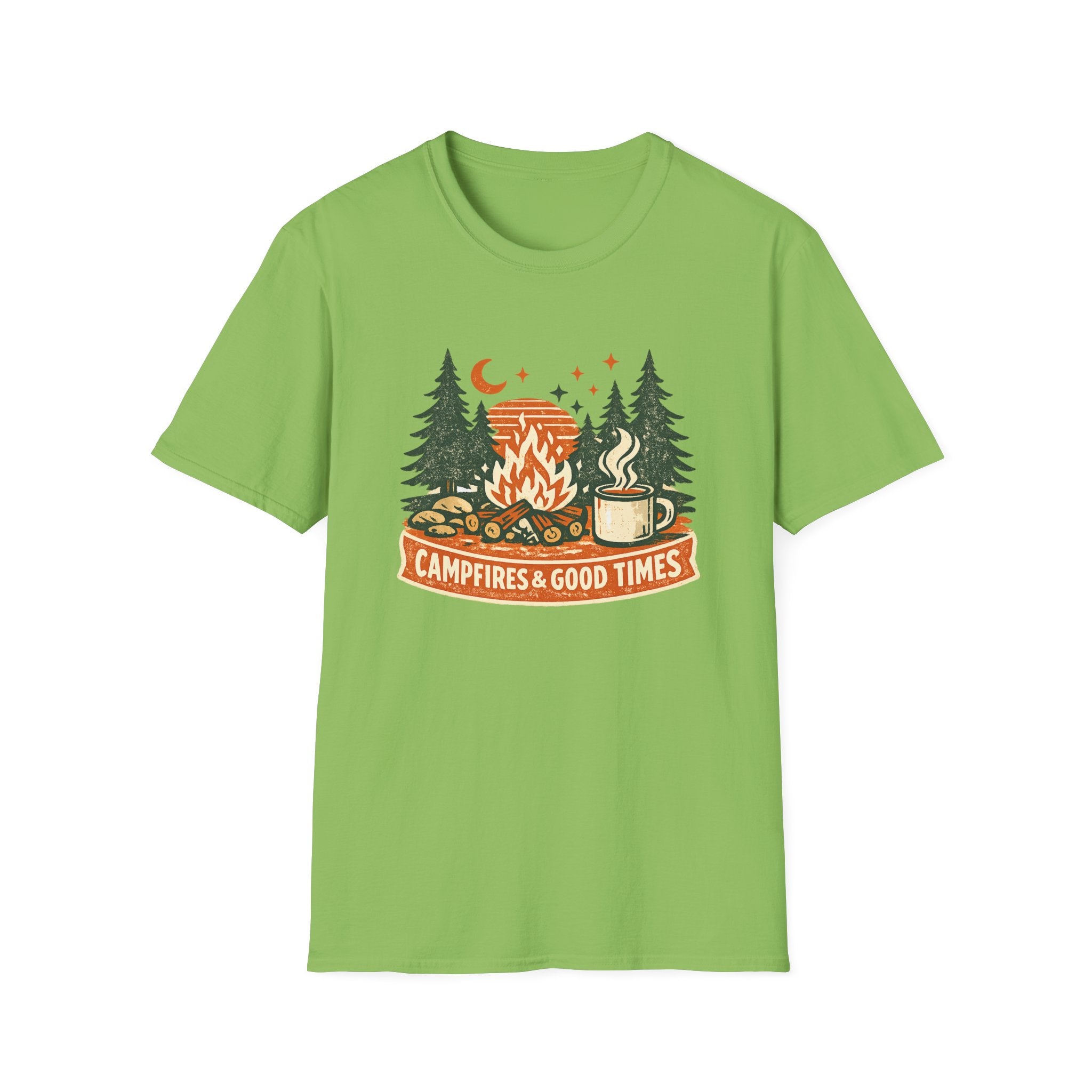 Campfires & Good Times T-Shirt — Retro Camping Tee with Bonfire, Trees & Coffee Mug