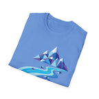 Mountain River T-Shirt — Geometric Blue Peaks & Flowing River