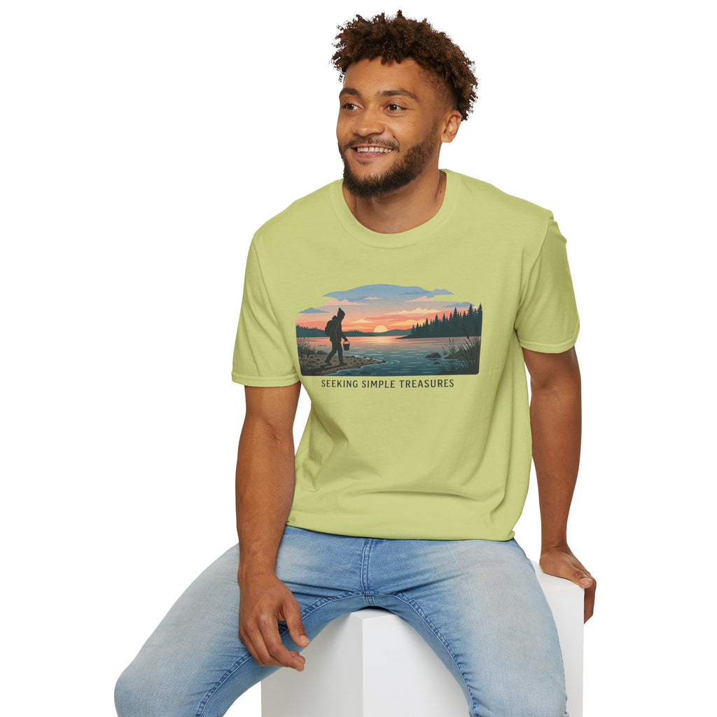 Outdoor T-Shirt — "Seeking Simple Treasures" Sunset Hiker Graphic
