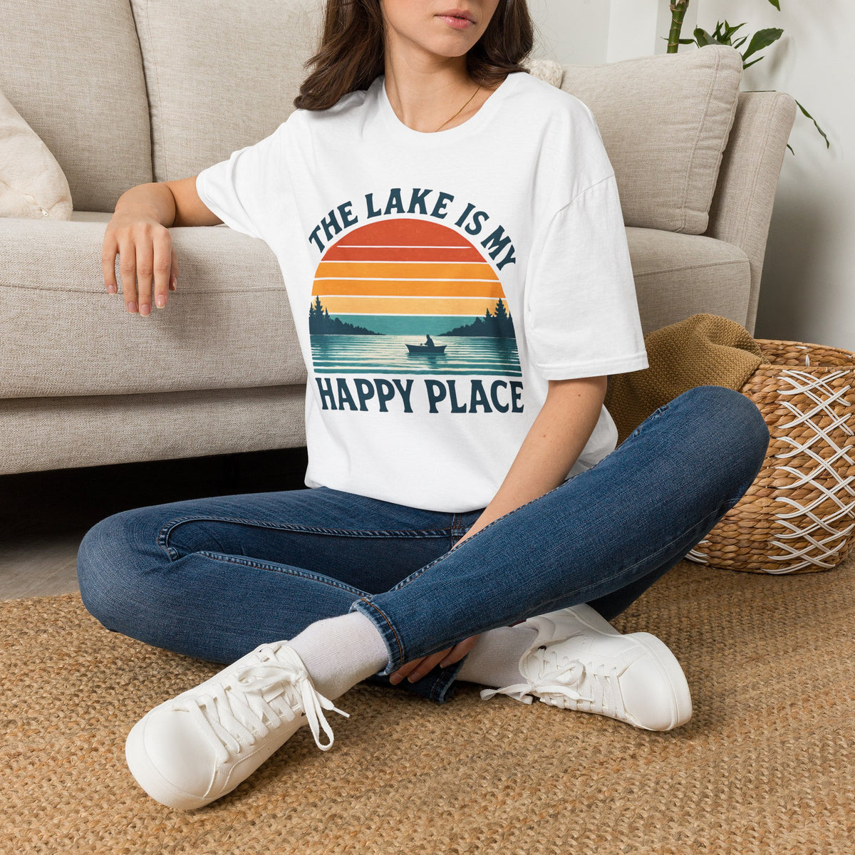 "The Lake Is My Happy Place" Canoe On The Lake At Sunset T-Shirt