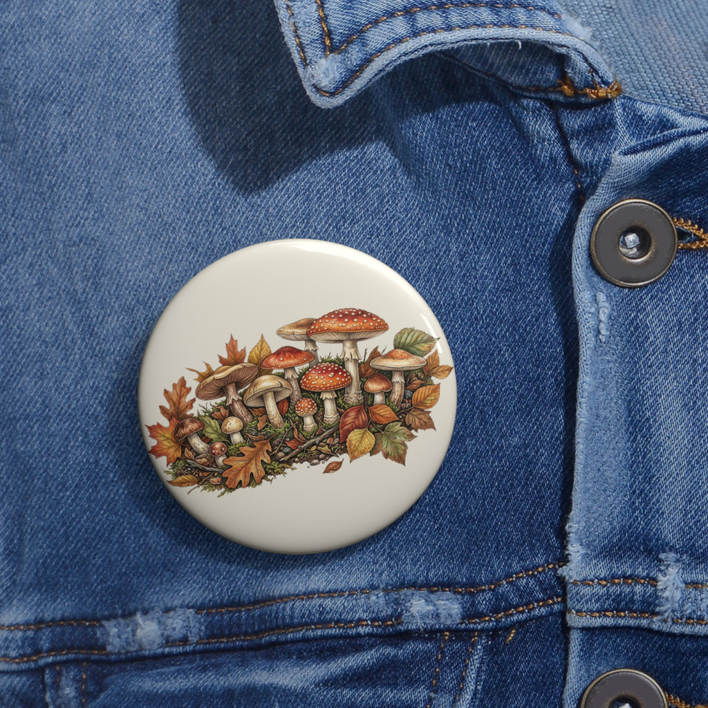 Autumn Mushroom Pin Button – Hand-Drawn Fall Fungi Badge